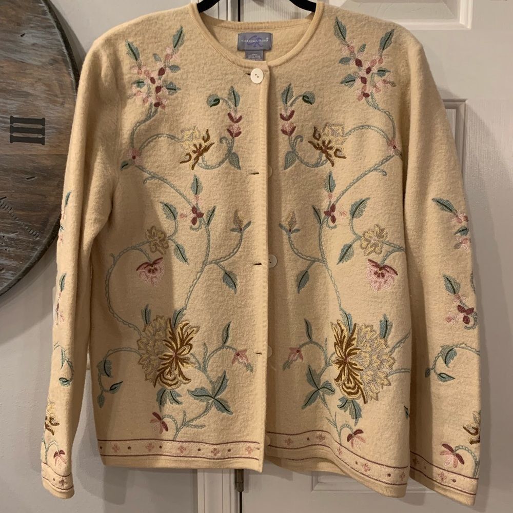Floral Embroidered Cream Cardigan Sweater